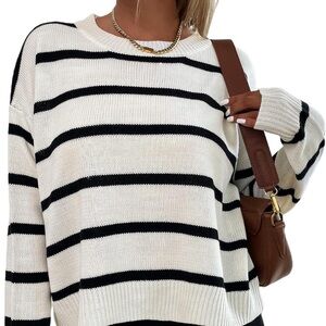 Women's Striped Drop Shoulder Sweater Oversized Crew Neck Knit Sweaters Pullover